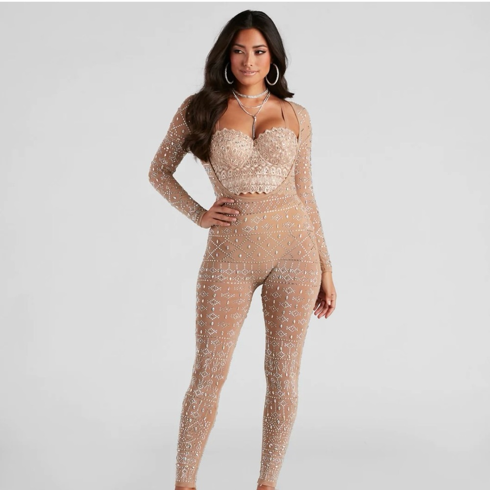 Windsor store embellished Rhinestone sheer bodysuit catsuit